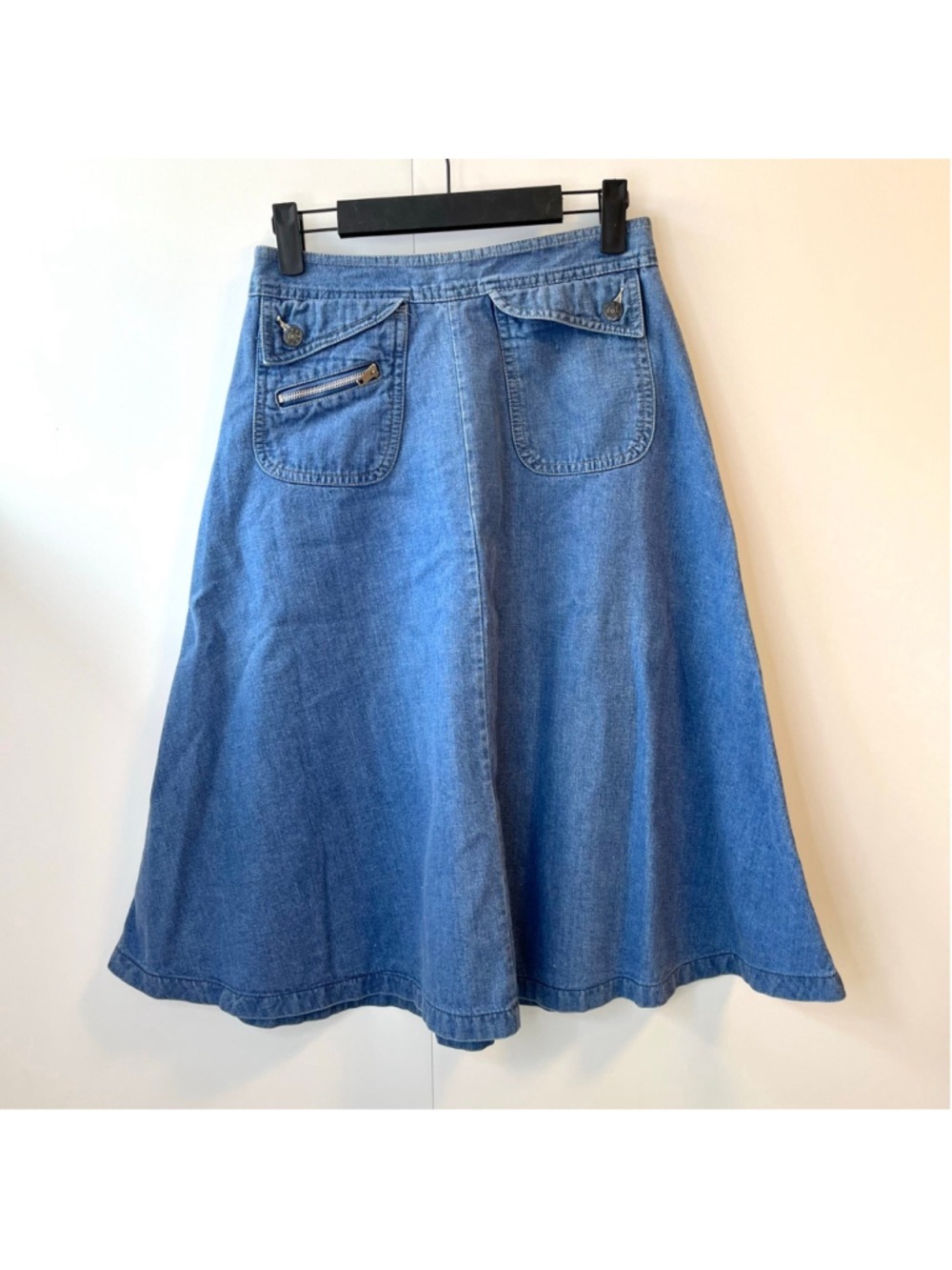 Vintage 70s A-Line Denim Midi Skirt Utility Pockets, Adjustable Waist 26-27” (S) - Picture 3 of 10